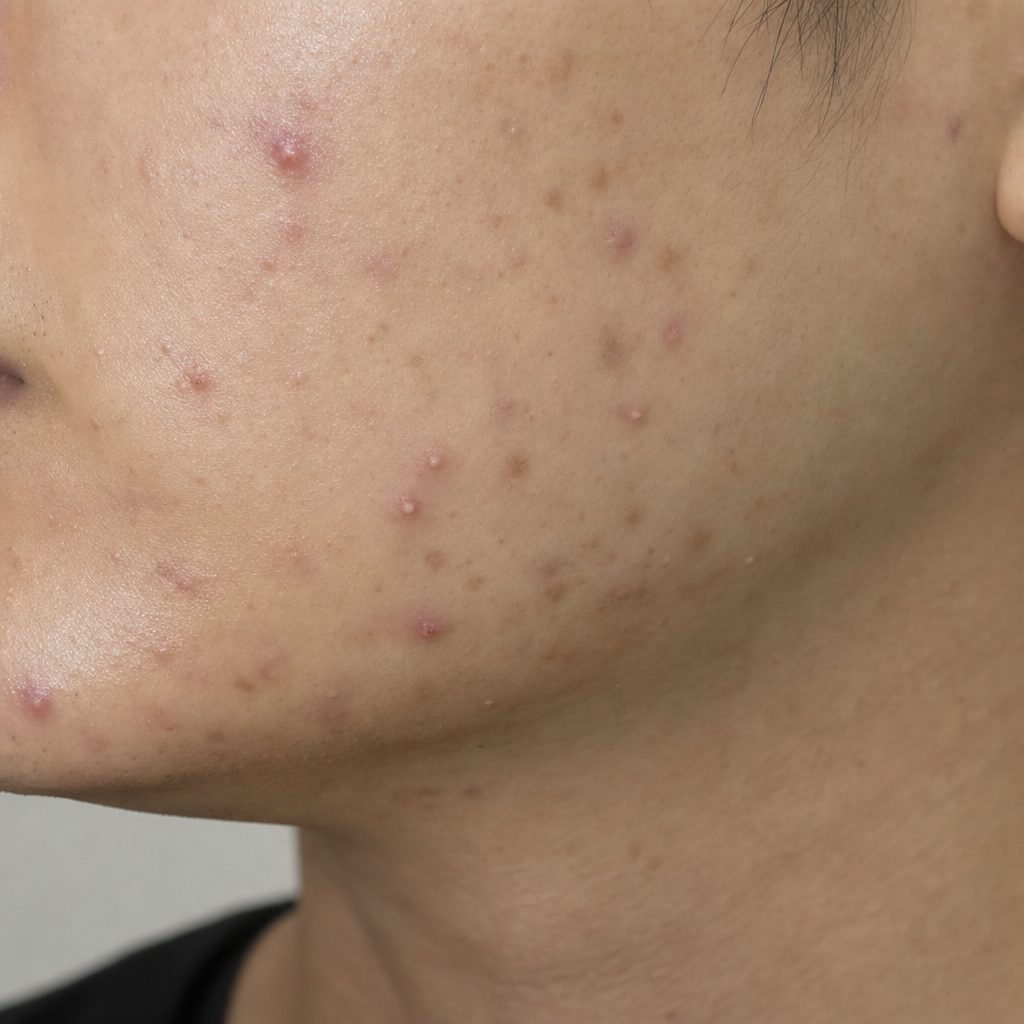 Illustrative photo of active inflammatory acne on the cheek and jawline