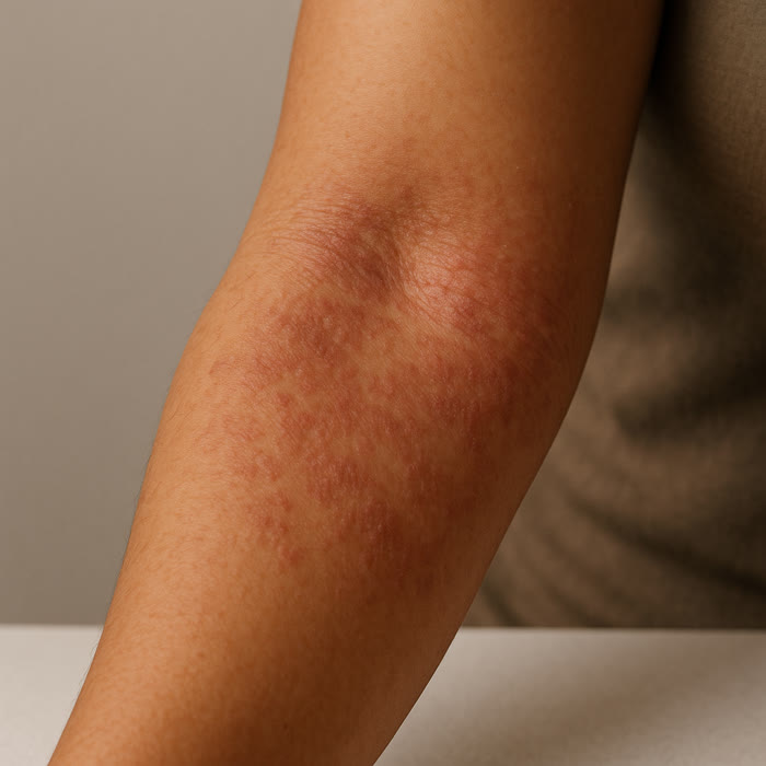 Illustrative photo of flared eczema on the inner elbow