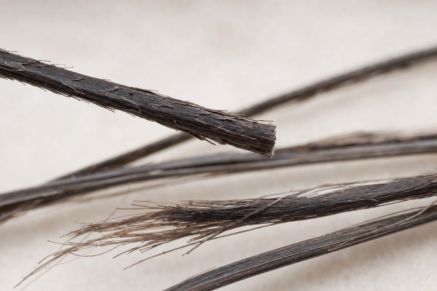 Macro photo of damaged hair with a roughened cuticle, split ends and a snapped strand