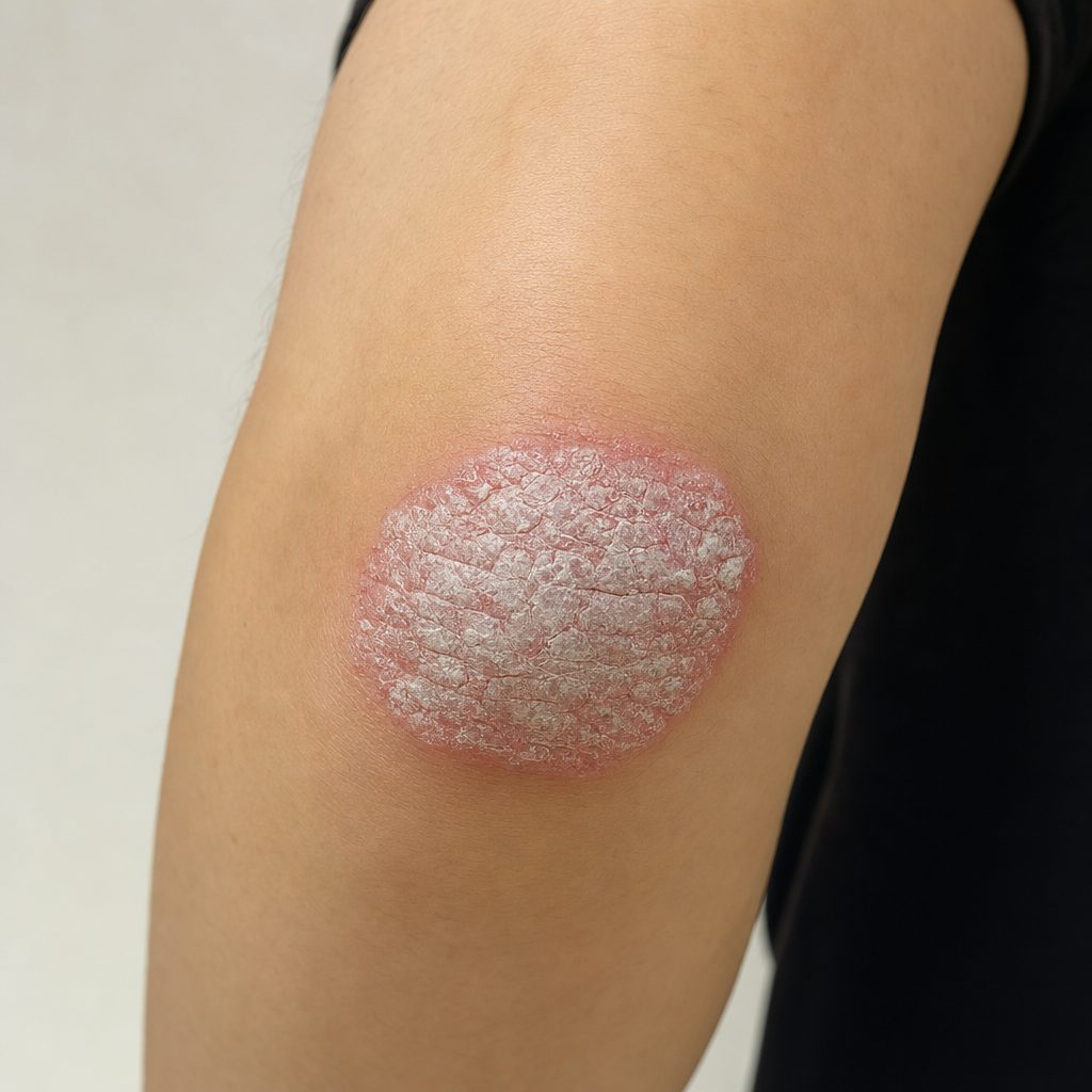 Illustrative photo of an active psoriasis plaque at the elbow