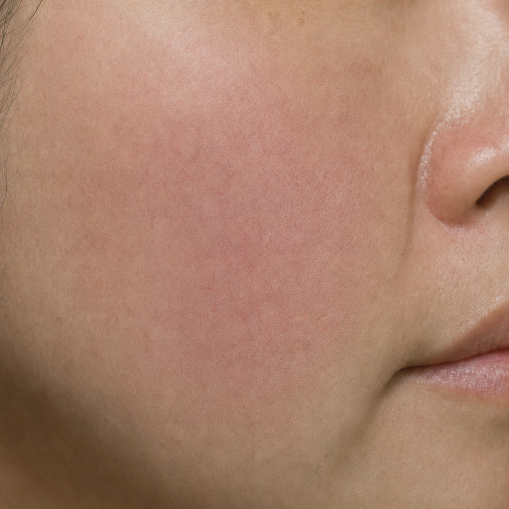 Illustrative photo of the same cheek with rosacea under good control, showing mild residual redness