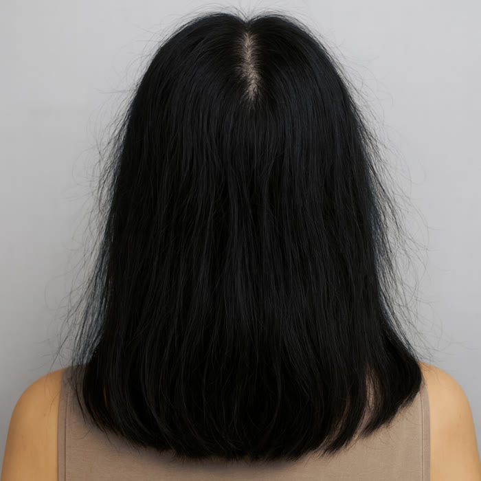Hair before switching to filtered shower water: dry and frizzy with visible breakage