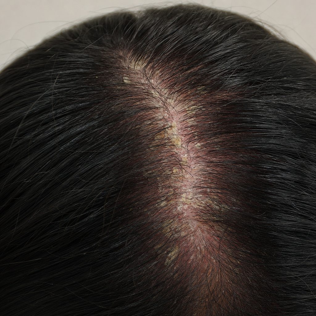 Illustrative photo of a scalp parting with visible flaking and irritation